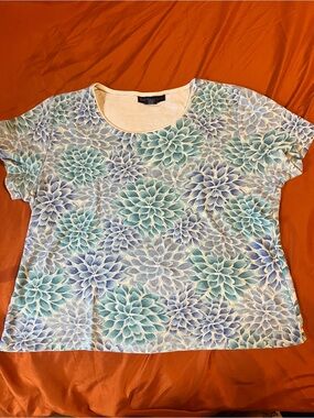 Karen Scott Short-Sleeve Floral Tee in Blue and Teal